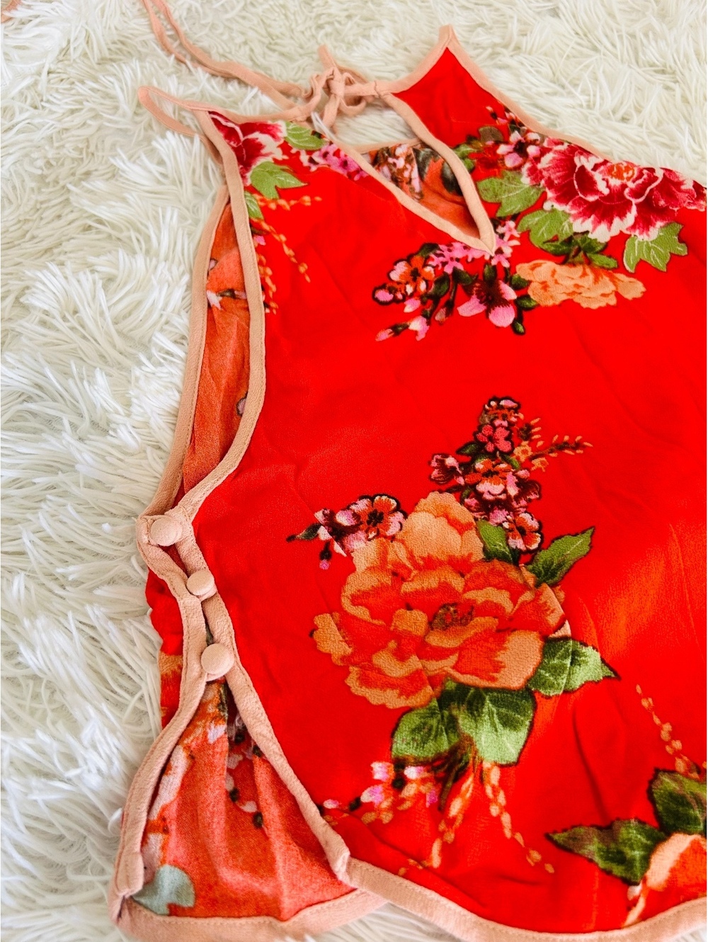 Free People Red Floral Halter Top with Tie Straps and Side Button Detail